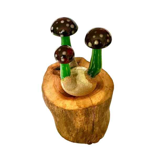 Hand Blown Sculpted UV Activated Glass Mushroom On Wooden Base Signed By Artist